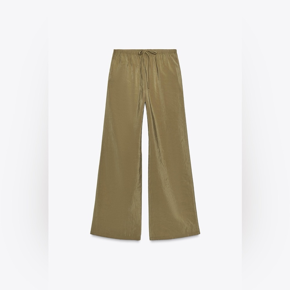 NWT Zara Olive Green Gold Metallic Palazzo Wide Leg Pants Large Draw String